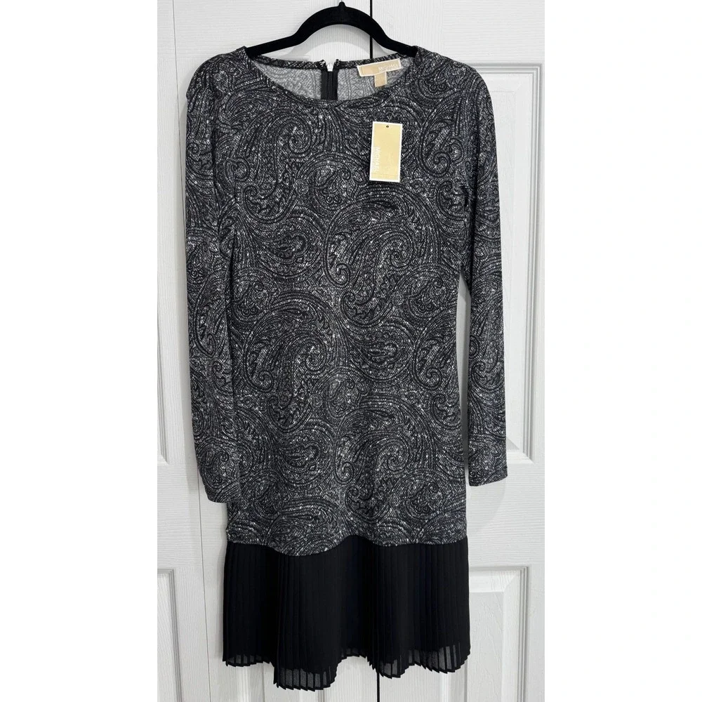 NWT Michael Kors Paisley Long Sleeve Dress Women's XS Black Pleated Hem Hipster